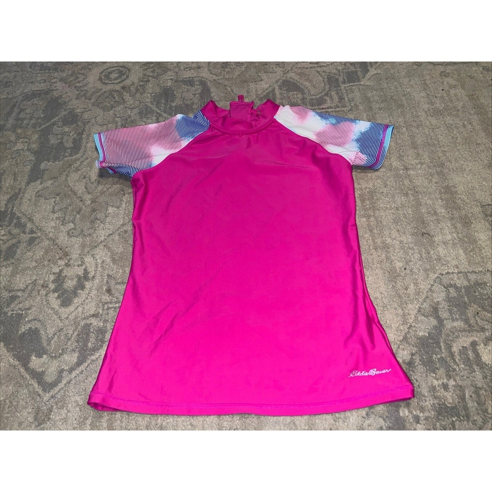 Girls Eddie Bauer‎ Large 14-16 Swim Sun Shirt Pink Zip Short Sleeve